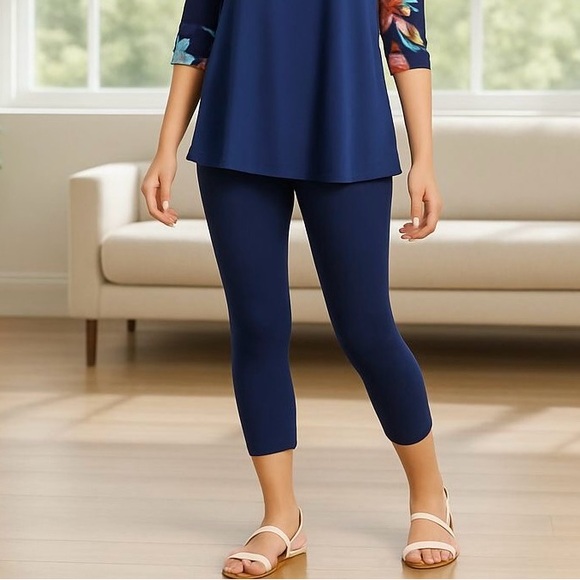 OS/TC/TC2 NEW Women Navy Blue Capri Leggings YOGA WAIST Summer Crop Pants - Picture 8 of 14